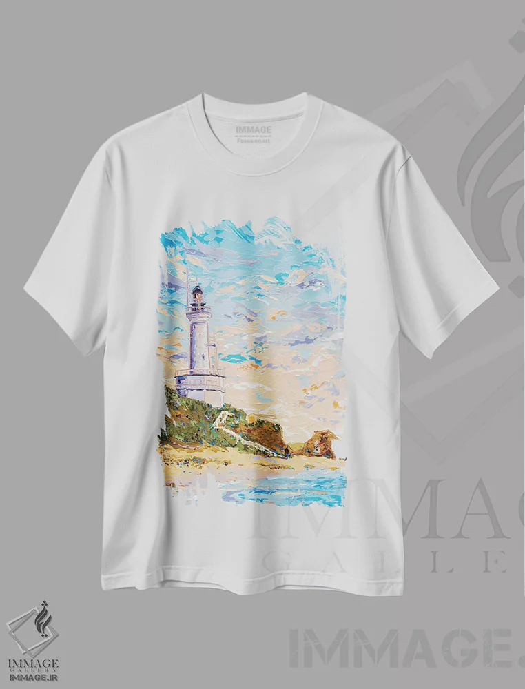 تیشرت سفید طرح دار فانوس دریایی پوینت لانسدال ۴، دکور ساحلی اثر جوزف ویلانوا | فروشگاه ایماژ
