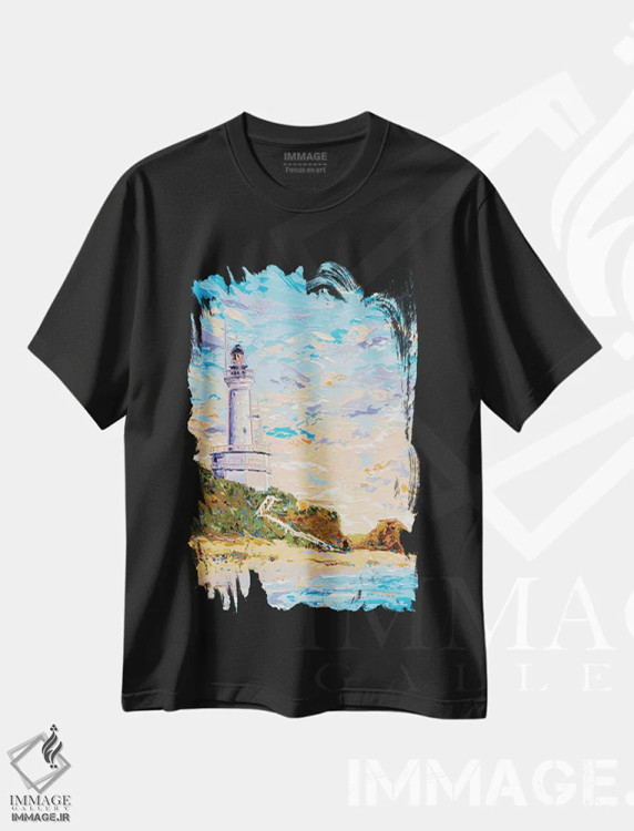 تیشرت مشکی طرح دار فانوس دریایی پوینت لانسدال ۴، دکور ساحلی اثر جوزف ویلانوا | immage.ir