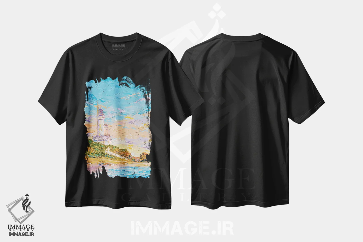 تیشرت مشکی طرح دار فانوس دریایی پوینت لانسدال ۳، دکور ساحلی اثر جوزف ویلانوا | فروشگاه ایماژ