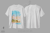 تیشرت سفید طرح دار فانوس دریایی پوینت لانسدال ۳، دکور ساحلی اثر جوزف ویلانوا | immage.ir