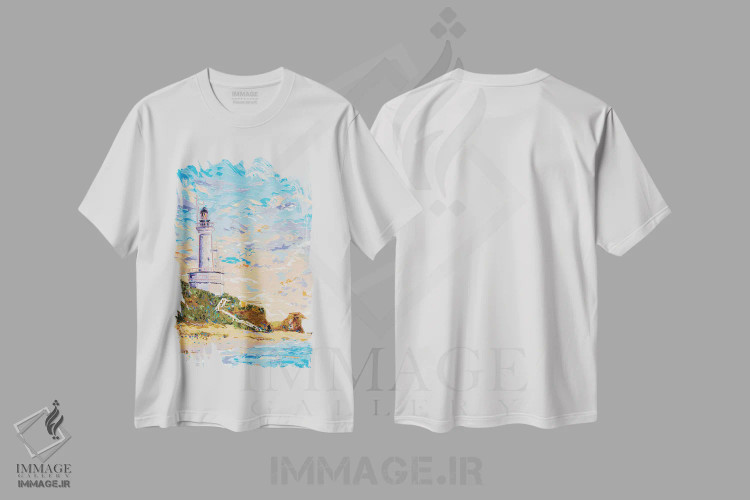 تیشرت سفید طرح دار فانوس دریایی پوینت لانسدال ۴، دکور ساحلی اثر جوزف ویلانوا | فروشگاه ایماژ