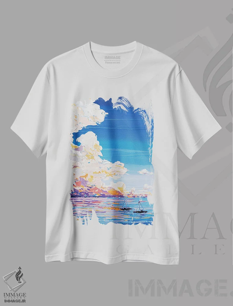 تیشرت سفید طرح دار دریای غروب XV، آبستره اثر جوزف ویلانوا | فروشگاه ایماژ