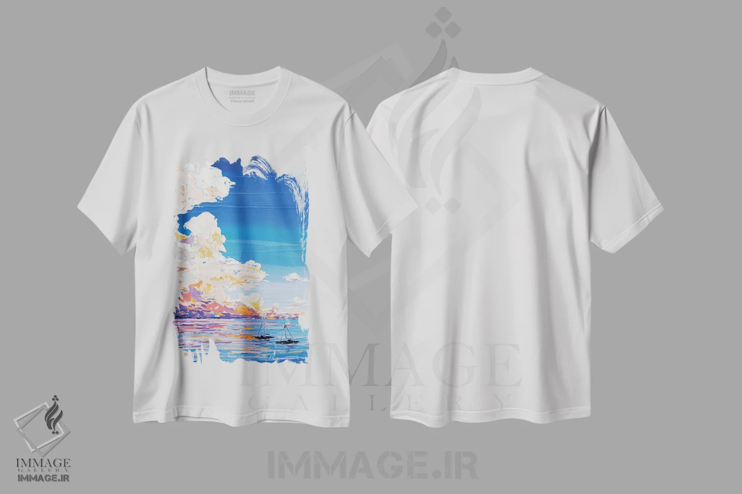 تیشرت سفید طرح دار دریای غروب XV، آبستره اثر جوزف ویلانوا | فروشگاه ایماژ