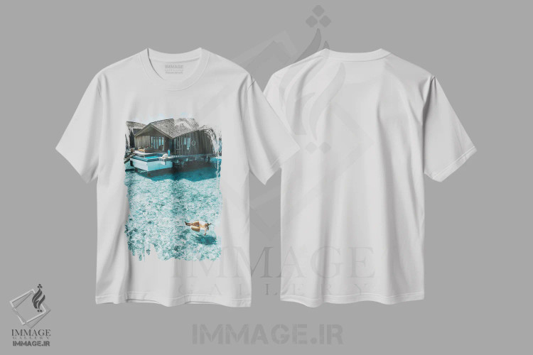 تیشرت سفید طرح دار دختر با حلقه استخر در بنگالوهای مالدیو، مدیوم اثر جیمز وودیکا | فروشگاه ایماژ