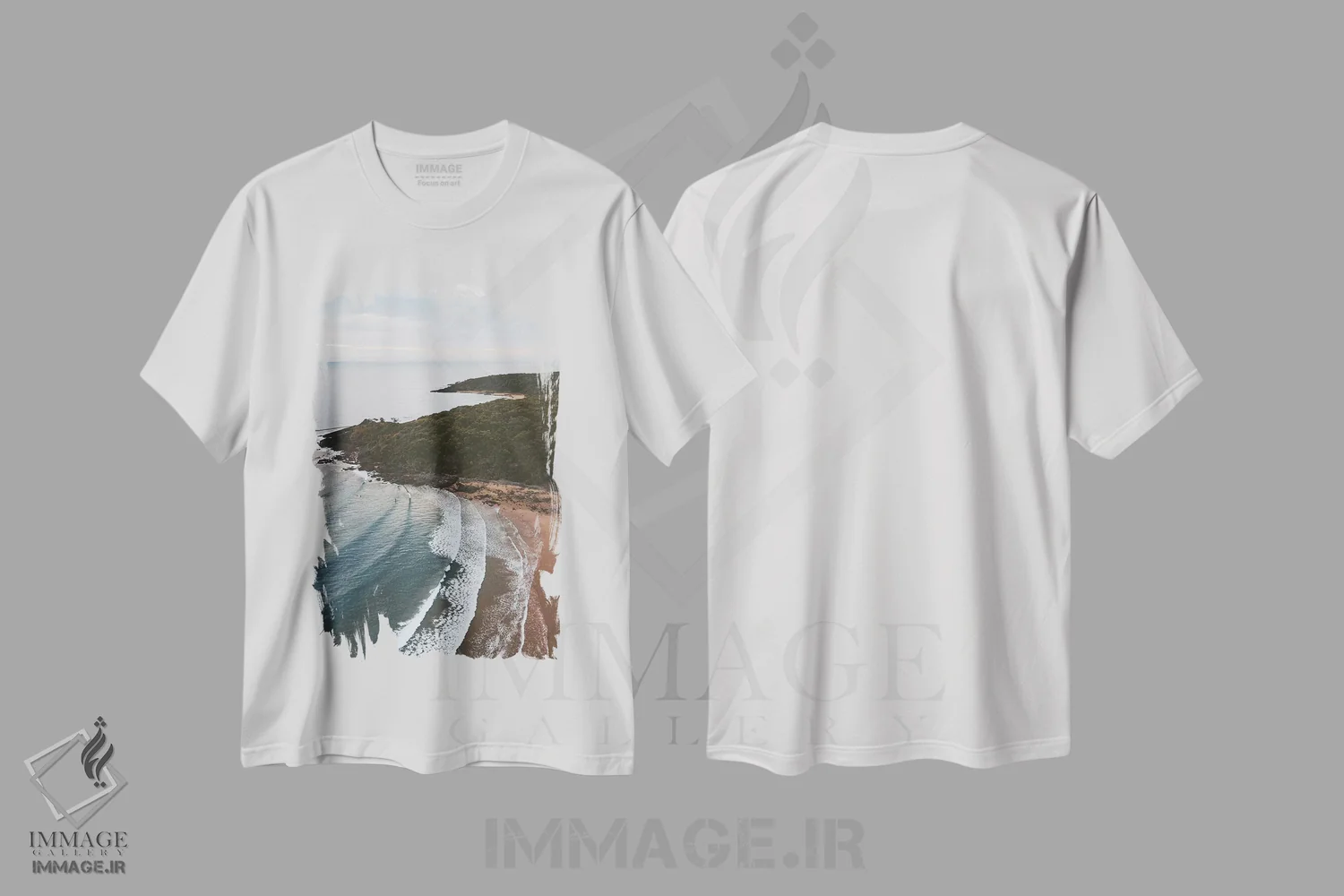 تیشرت سفید طرح دار نمای هوایی ساحل با حال و هوای خاص، مدیوم اثر جیمز وودیکا | فروشگاه ایماژ