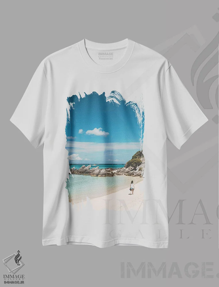 تیشرت سفید طرح دار خلیج ساحلی بهشتی، مدیوم اثر جیمز وودیکا | فروشگاه ایماژ