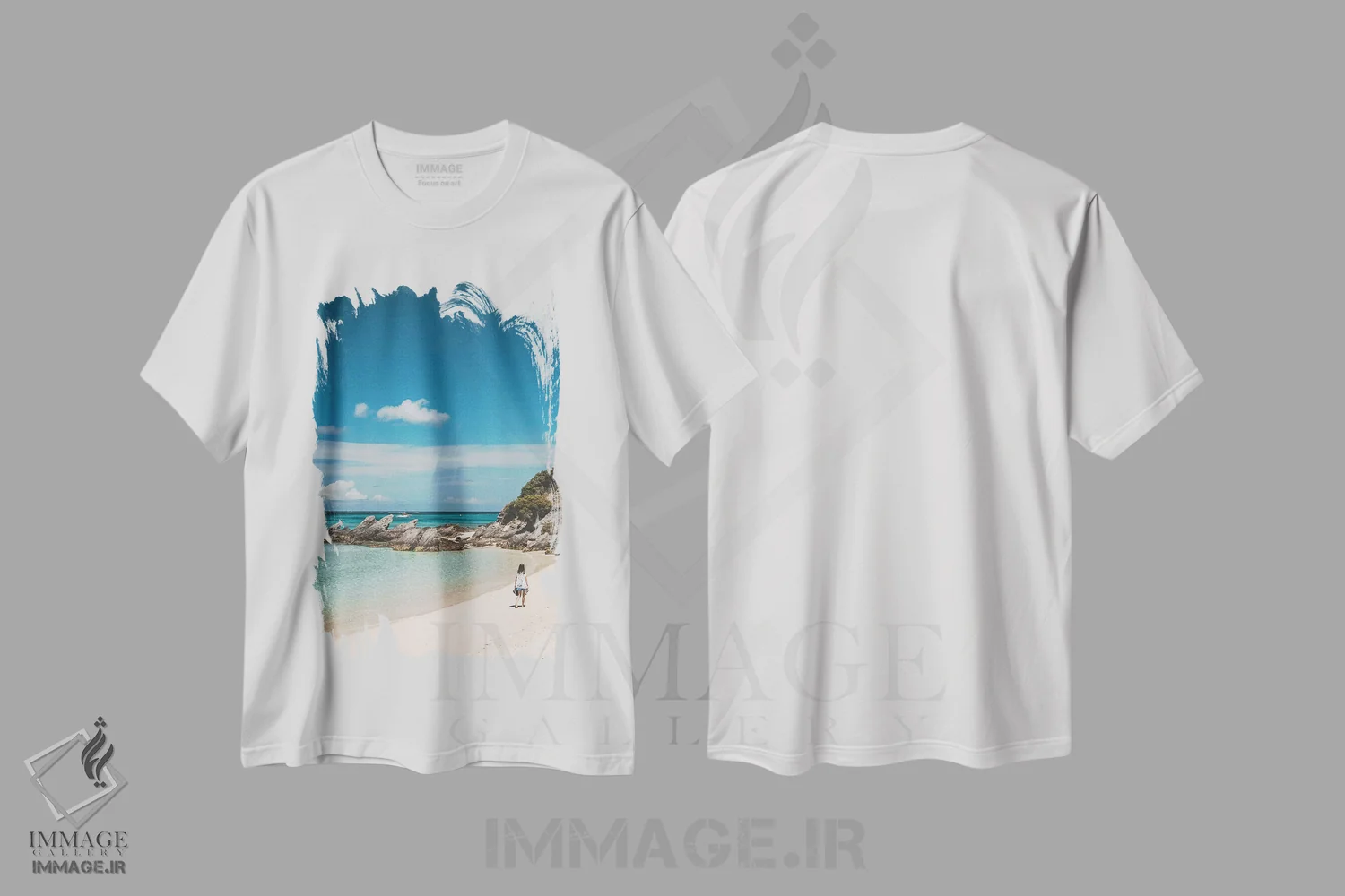 تیشرت سفید طرح دار خلیج ساحلی بهشتی، مدیوم اثر جیمز وودیکا | فروشگاه ایماژ
