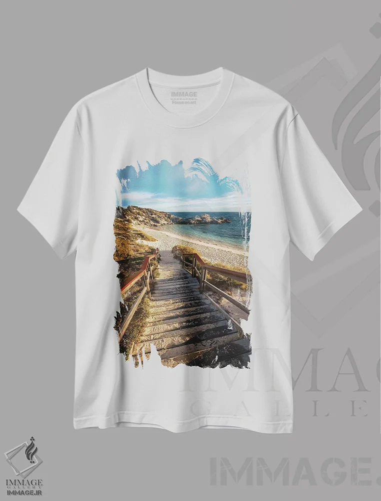 تیشرت سفید طرح دار پله های غروب جزیره راتنست، مدیوم اثر جیمز وودیکا | فروشگاه ایماژ