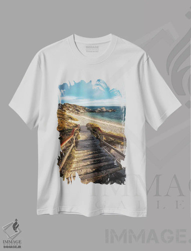 تیشرت سفید طرح دار پله های غروب جزیره راتنست، مدیوم اثر جیمز وودیکا | فروشگاه ایماژ