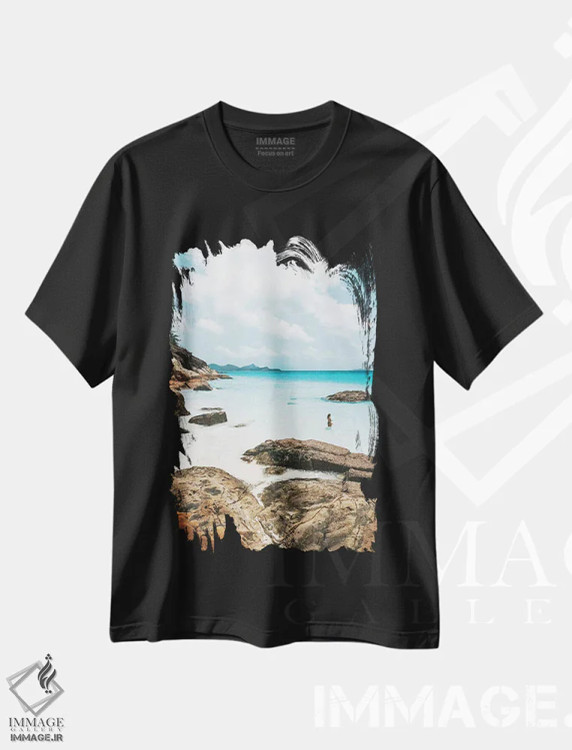 تیشرت مشکی طرح دار دختر با بیکینی در اقیانوس، مدیوم اثر جیمز وودیکا | فروشگاه ایماژ