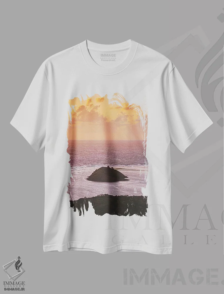 تیشرت سفید طرح دار رنگ های غروب بر فراز اقیانوس و جزیره، مدیوم اثر جیمز وودیکا | immage.ir