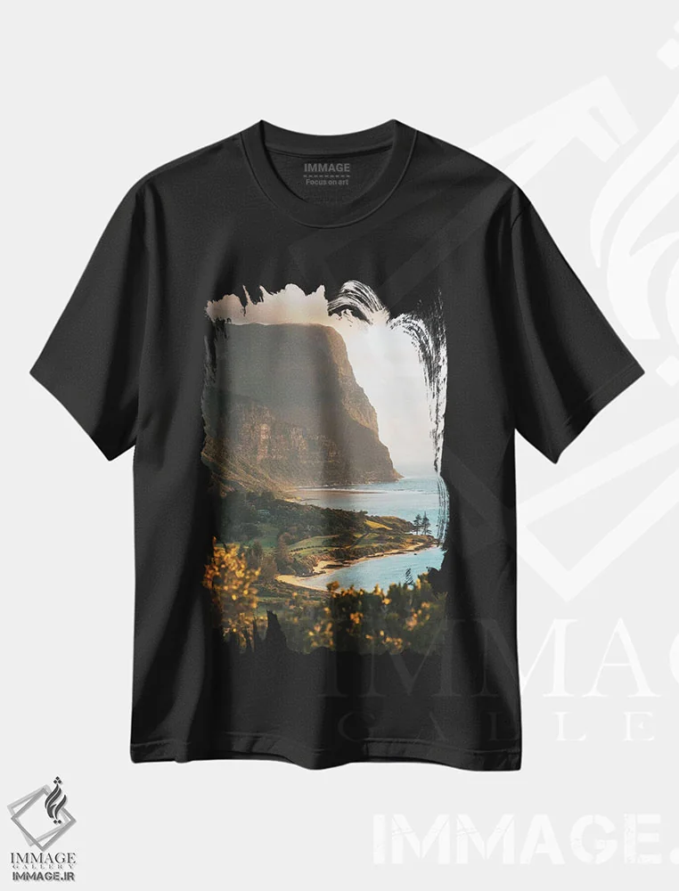 تیشرت مشکی طرح دار سکوی تماشای غروب ساحل جزیره آتشفشانی، مدیوم اثر جیمز وودیکا | فروشگاه ایماژ
