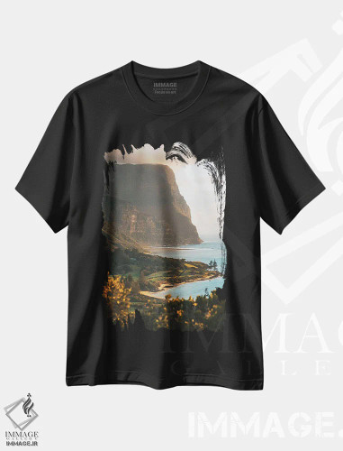 تیشرت مشکی طرح دار سکوی تماشای غروب ساحل جزیره آتشفشانی، مدیوم اثر جیمز وودیکا | فروشگاه ایماژ