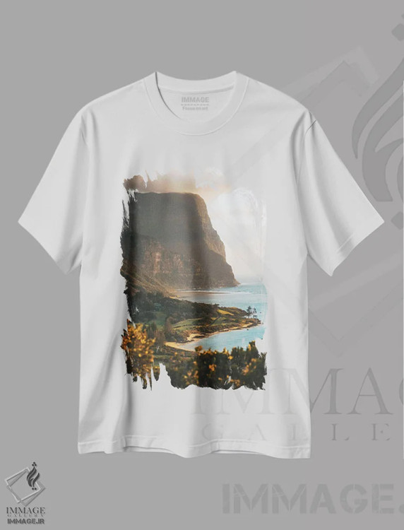 تیشرت سفید طرح دار سکوی تماشای غروب ساحل جزیره آتشفشانی، مدیوم اثر جیمز وودیکا | immage.ir