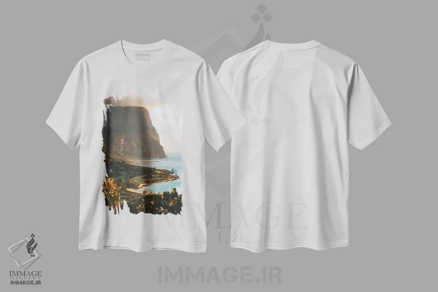 تیشرت سفید طرح دار سکوی تماشای غروب ساحل جزیره آتشفشانی، مدیوم اثر جیمز وودیکا | immage.ir