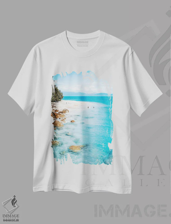 تیشرت سفید طرح دار ساحل جزیره گرمسیری، مدیوم اثر جیمز وودیکا | فروشگاه ایماژ