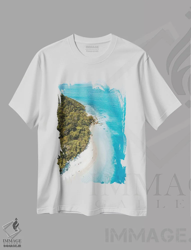 تیشرت سفید طرح دار نمای هوایی ساحل جزیره گرمسیری، مدیوم اثر جیمز وودیکا | immage.ir