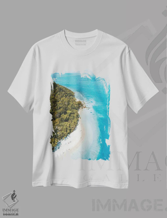 تیشرت سفید طرح دار نمای هوایی ساحل جزیره گرمسیری، مدیوم اثر جیمز وودیکا | immage.ir