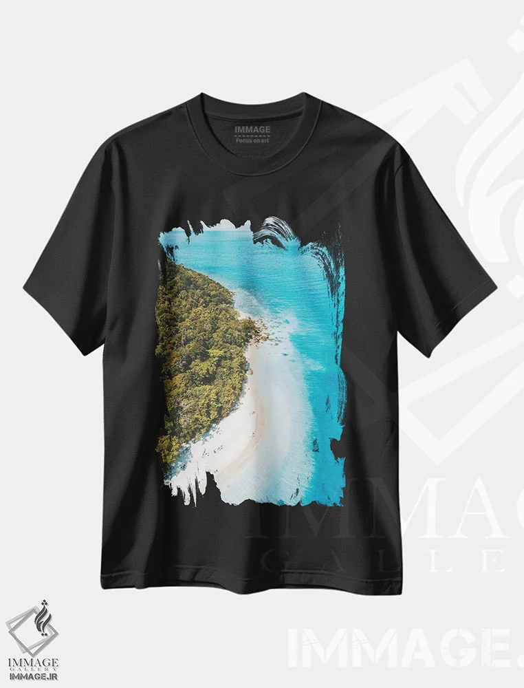 تیشرت مشکی طرح دار نمای هوایی ساحل جزیره گرمسیری، مدیوم اثر جیمز وودیکا | فروشگاه ایماژ