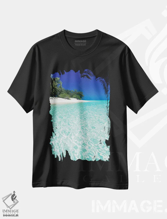 تیشرت مشکی طرح دار منظرهٔ ساحلی با آب آبی جزیره گرمسیری، مدیوم اثر جیمز وودیکا | immage.ir