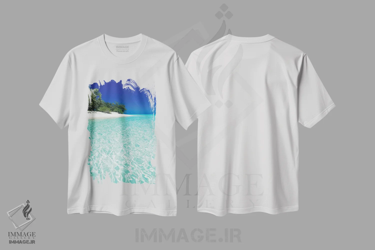 تیشرت سفید طرح دار منظرهٔ ساحلی با آب آبی جزیره گرمسیری، مدیوم اثر جیمز وودیکا | فروشگاه ایماژ