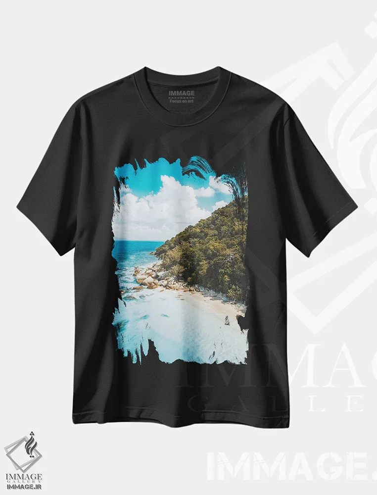 تیشرت مشکی طرح دار ساحل جزیره فیروزه ای، مدیوم اثر جیمز وودیکا | فروشگاه ایماژ
