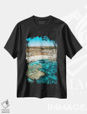 تیشرت مشکی طرح دار نمای هوایی ساحل صخره مرجانی فیروزه ای، مدیوم اثر جیمز وودیکا | immage.ir