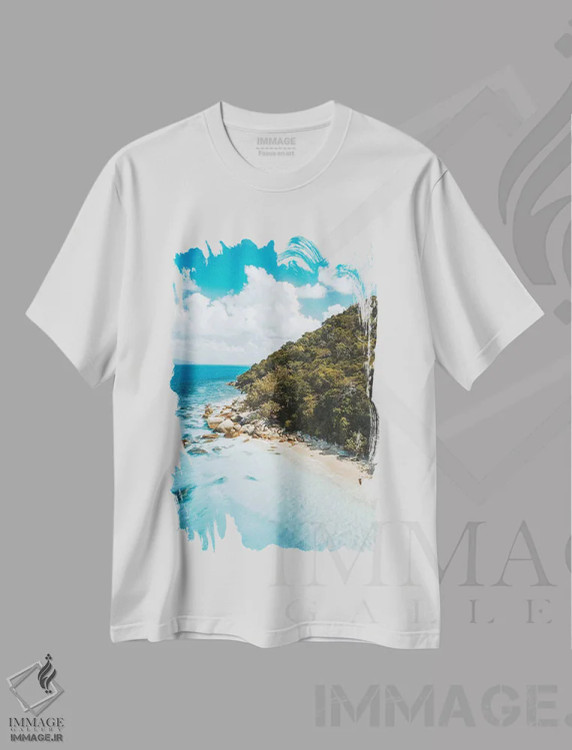 تیشرت سفید طرح دار ساحل جزیره فیروزه ای، مدیوم اثر جیمز وودیکا | immage.ir