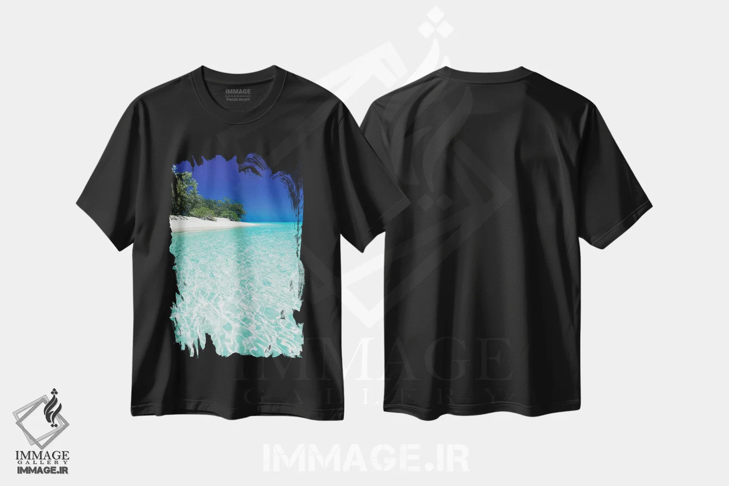 تیشرت مشکی طرح دار منظرهٔ ساحلی با آب آبی جزیره گرمسیری، مدیوم اثر جیمز وودیکا | immage.ir