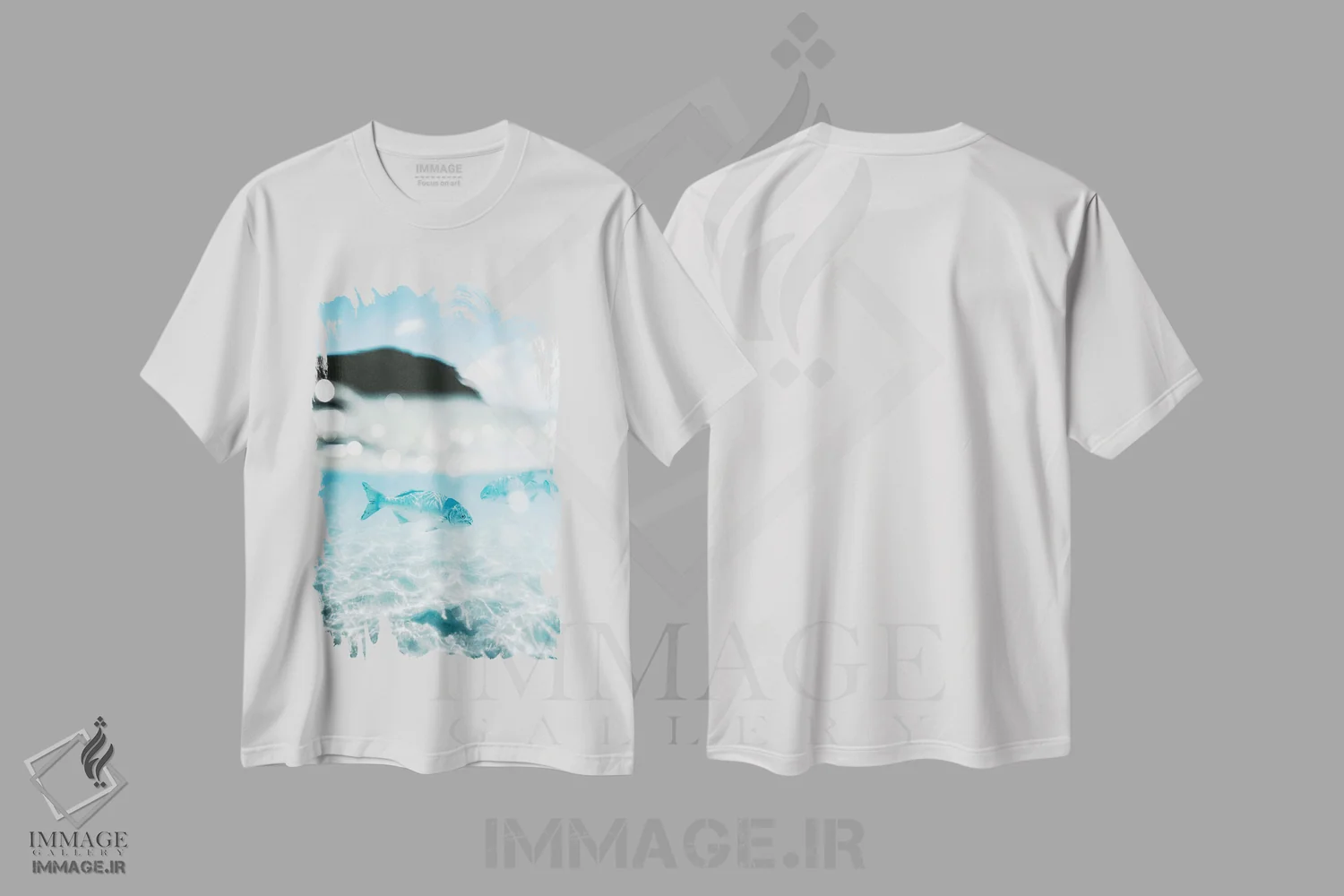 تیشرت سفید طرح دار عکس دوگانه ی زیر و روی آب از ماهی ها، مدیوم اثر جیمز وودیکا | فروشگاه ایماژ