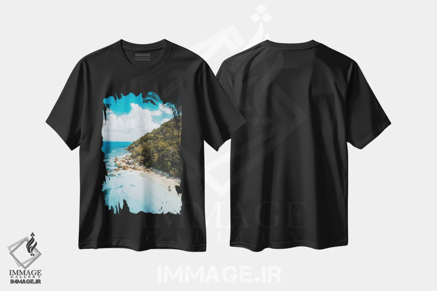 تیشرت مشکی طرح دار ساحل جزیره فیروزه ای، مدیوم اثر جیمز وودیکا | فروشگاه ایماژ