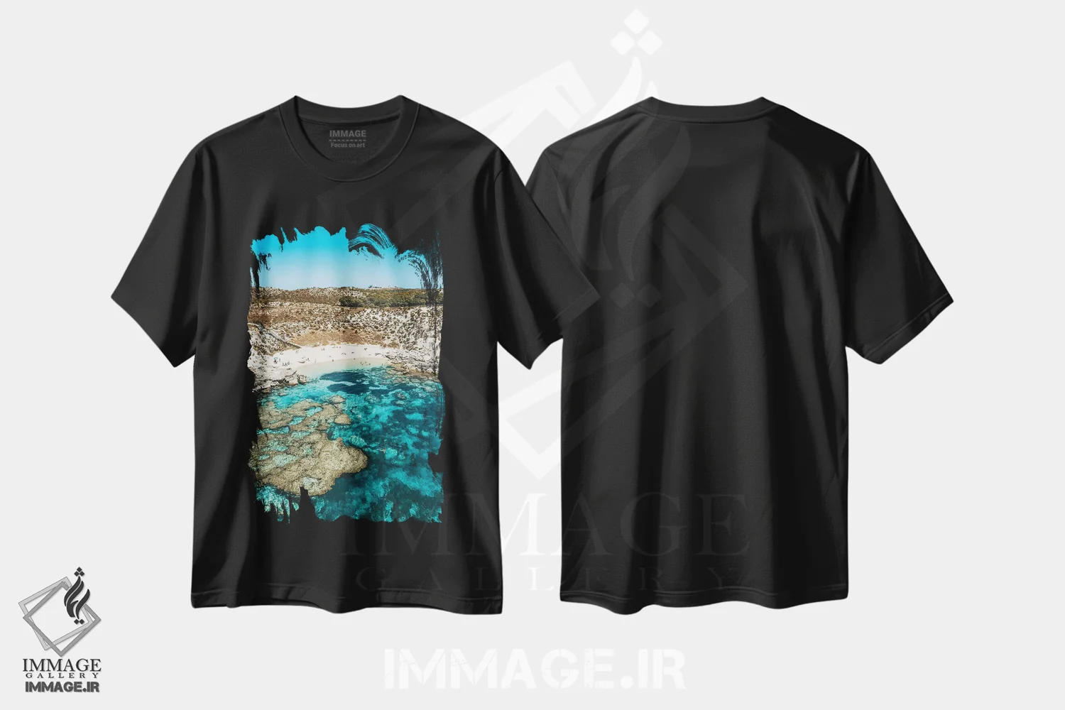 تیشرت مشکی طرح دار نمای هوایی ساحل صخره مرجانی فیروزه ای، مدیوم اثر جیمز وودیکا | immage.ir
