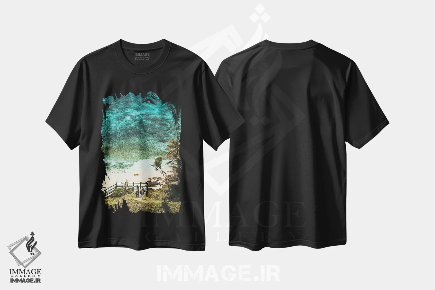 تیشرت مشکی طرح دار قدم زن در ساحل بکر و دنج، مدیوم اثر جیمز وودیکا | فروشگاه ایماژ