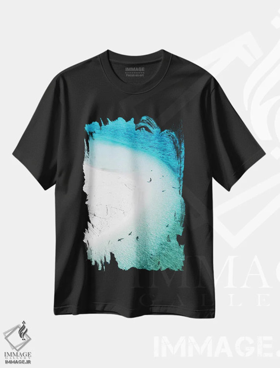تیشرت مشکی طرح دار منظره هوایی جزیره، ساحل، کوسه ها و شناگر، مدیوم اثر جیمز وودیکا | immage.ir