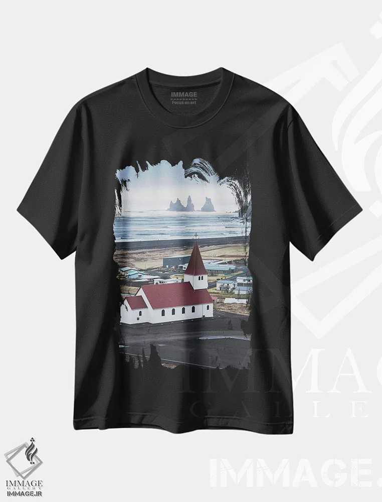 تیشرت مشکی طرح دار کلیسای ایسلندی با چشم انداز اقیانوس، مدیوم اثر جیمز وودیکا | immage.ir