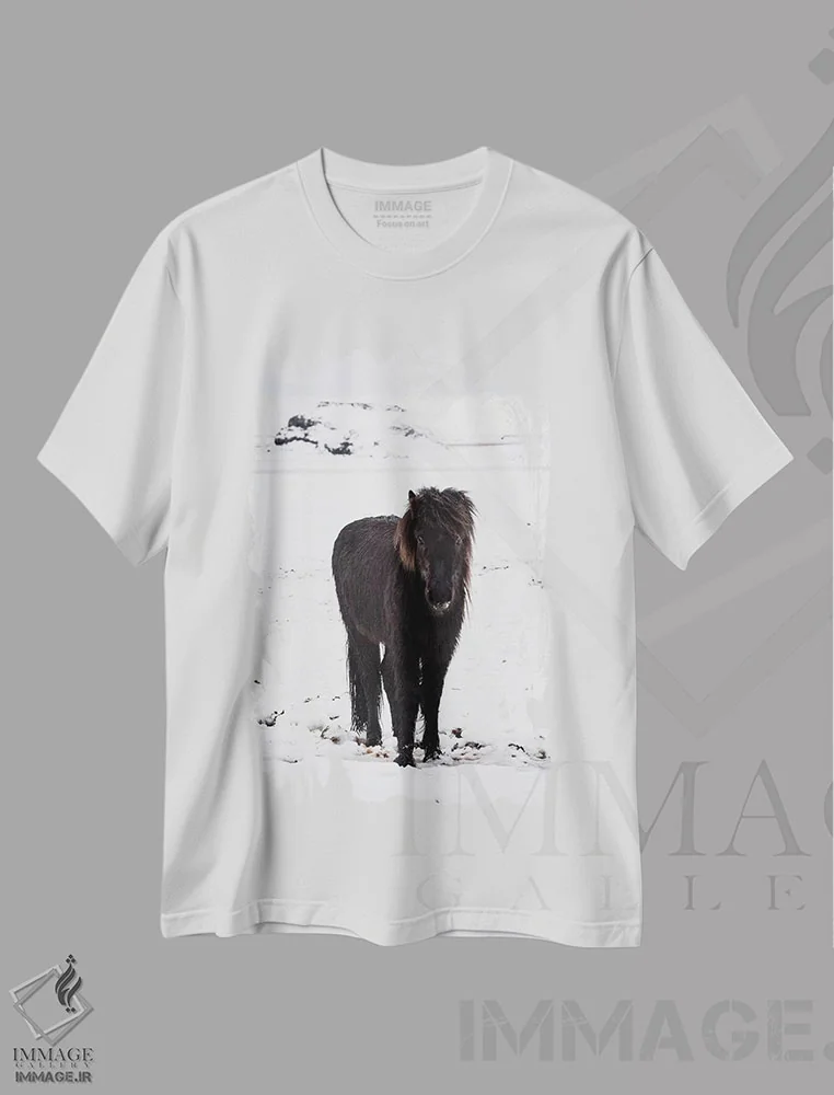 تیشرت سفید طرح دار اسبچه ایسلندی در برف زمستانی، مدیوم اثر جیمز وودیکا | فروشگاه ایماژ