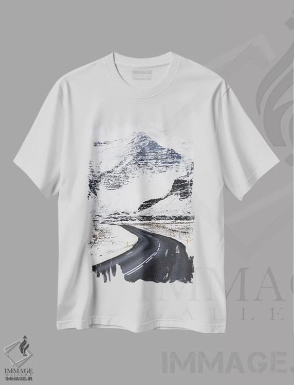 تیشرت سفید طرح دار جاده زمستانی ایسلند، مدیوم اثر جیمز وودیکا | immage.ir