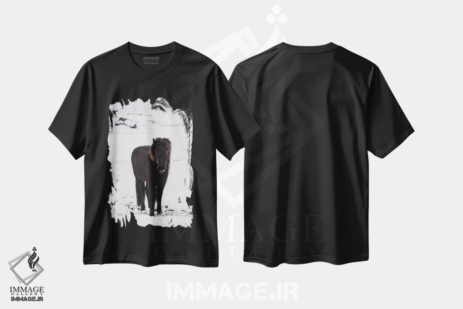 تیشرت مشکی طرح دار اسبچه ایسلندی در برف زمستانی، مدیوم اثر جیمز وودیکا | immage.ir