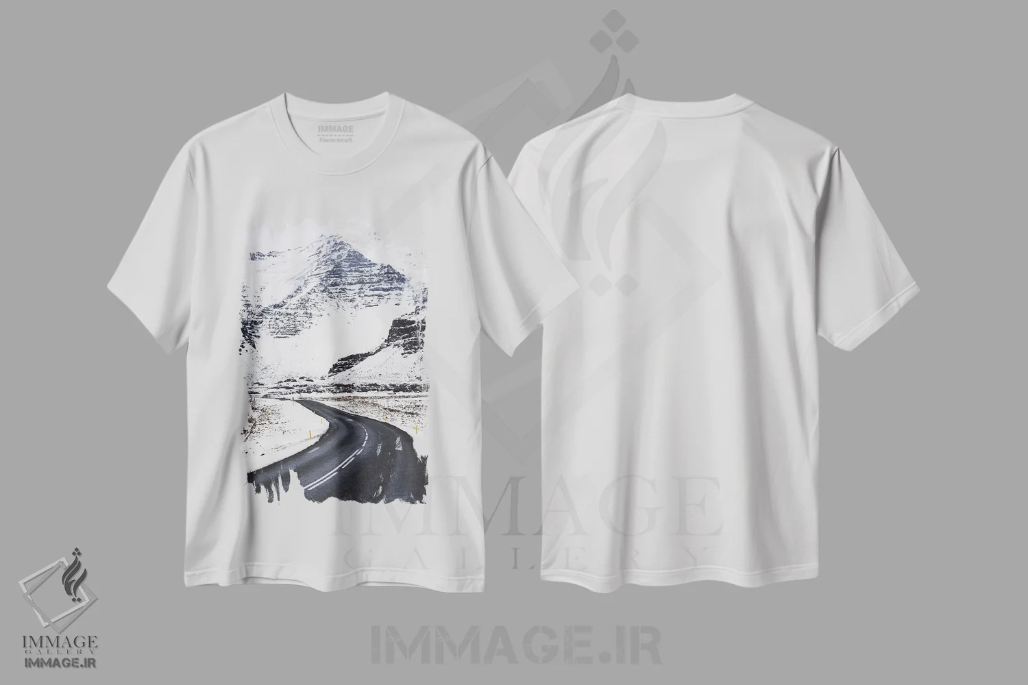 تیشرت سفید طرح دار جاده زمستانی ایسلند، مدیوم اثر جیمز وودیکا | immage.ir