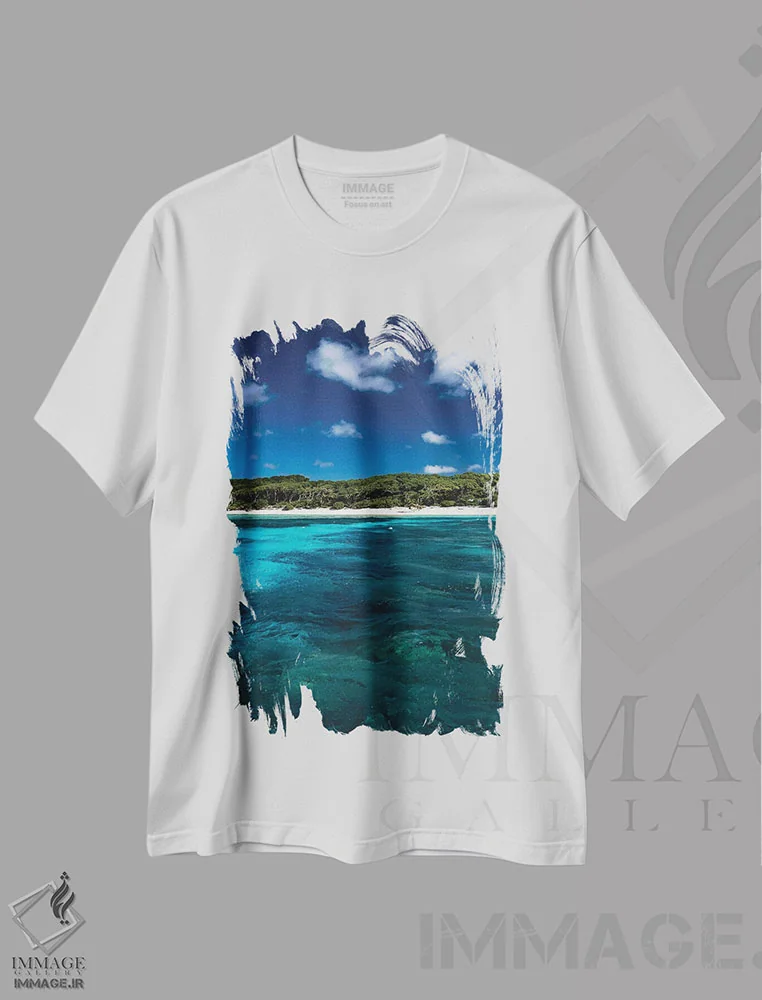 تیشرت سفید طرح دار جزیره استرالیایی با آب های آبی، مدیوم اثر جیمز وودیکا | immage.ir