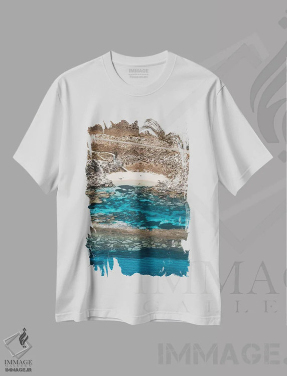 تیشرت سفید طرح دار نمای هوایی سازه های سنگی خلیج کوچک آرمسترانگ، مدیوم اثر جیمز وودیکا | immage.ir