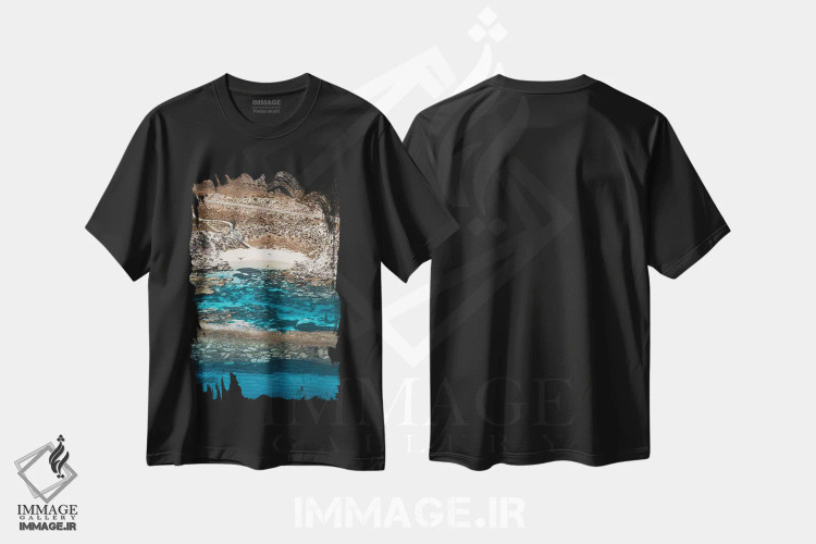 تیشرت مشکی طرح دار نمای هوایی سازه های سنگی خلیج کوچک آرمسترانگ، مدیوم اثر جیمز وودیکا | فروشگاه ایماژ