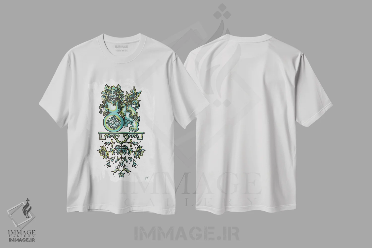 تیشرت سفید طرح دار پودل فو مان I، دکور آسیایی اثر جکی ون توبل | immage.ir