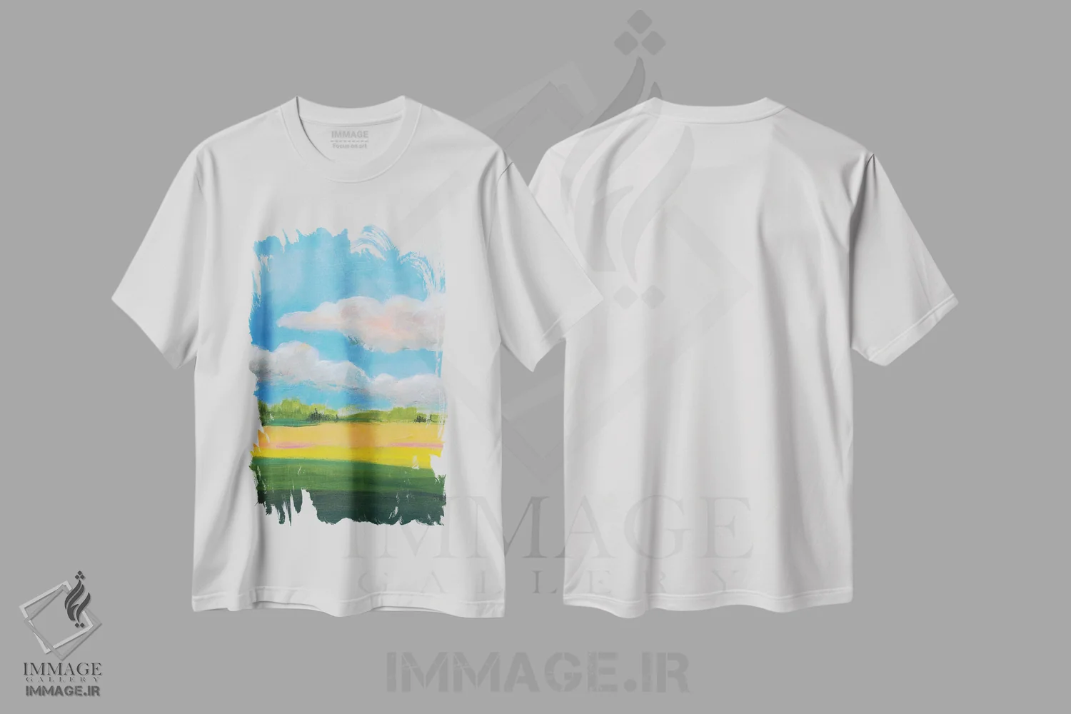 تیشرت سفید طرح دار زیر آسمان ابری I، مدیوم اثر یان وایس | فروشگاه ایماژ