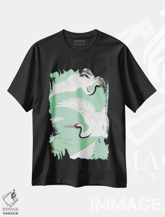 تیشرت مشکی طرح دار درنای ژاپنی، دکور آسیایی اثر استودیو جن وانگ | فروشگاه ایماژ