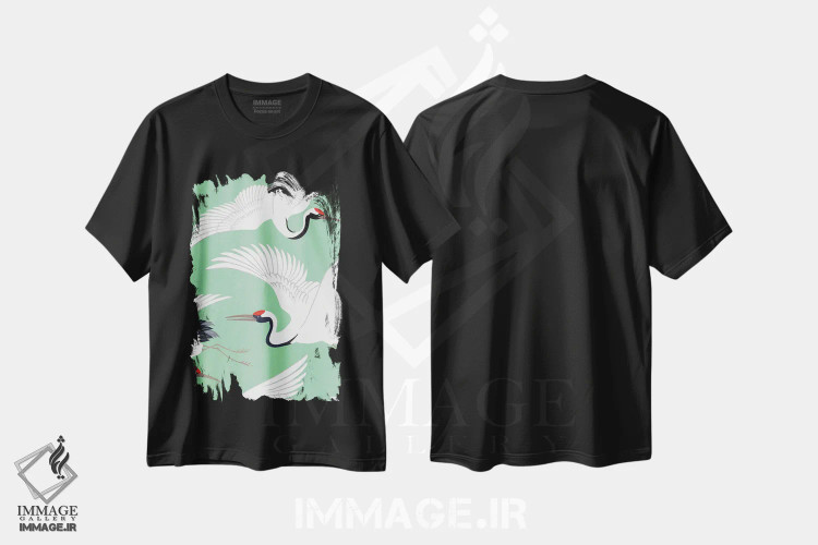 تیشرت مشکی طرح دار درنای ژاپنی، دکور آسیایی اثر استودیو جن وانگ | فروشگاه ایماژ