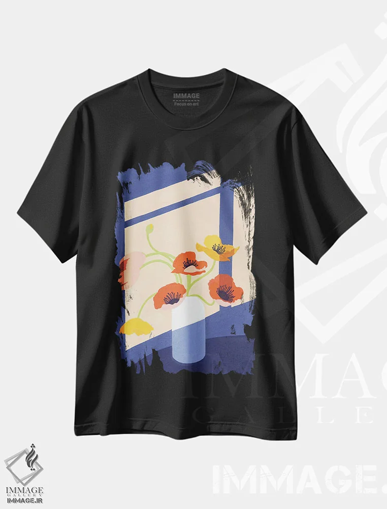 تیشرت مشکی طرح دار دسته گل شقایق و لاله، دکور معاصر اثر استودیو جن وانگ | immage.ir