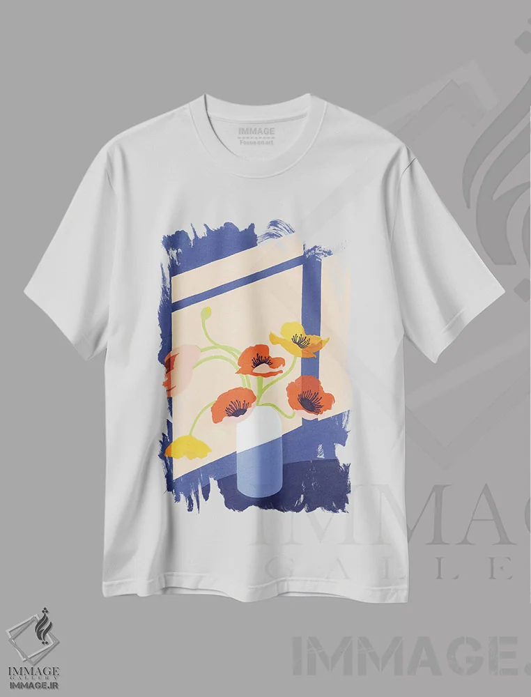 تیشرت سفید طرح دار دسته گل شقایق و لاله، دکور معاصر اثر استودیو جن وانگ | فروشگاه ایماژ