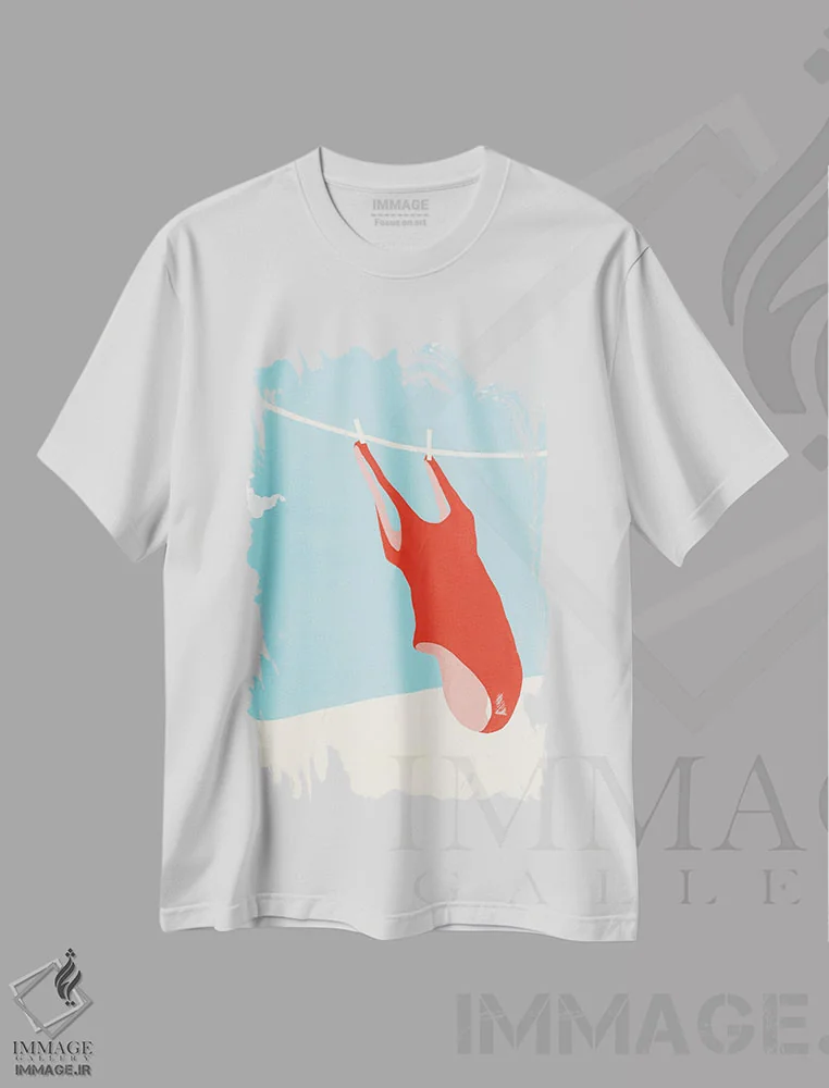 تیشرت سفید طرح دار مایوی قرمز، دکور ساحلی اثر استودیو جن وانگ | immage.ir
