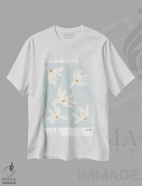 تیشرت سفید طرح دار گل انتزاعی I، آبستره اثر استودیو جن وانگ | فروشگاه ایماژ